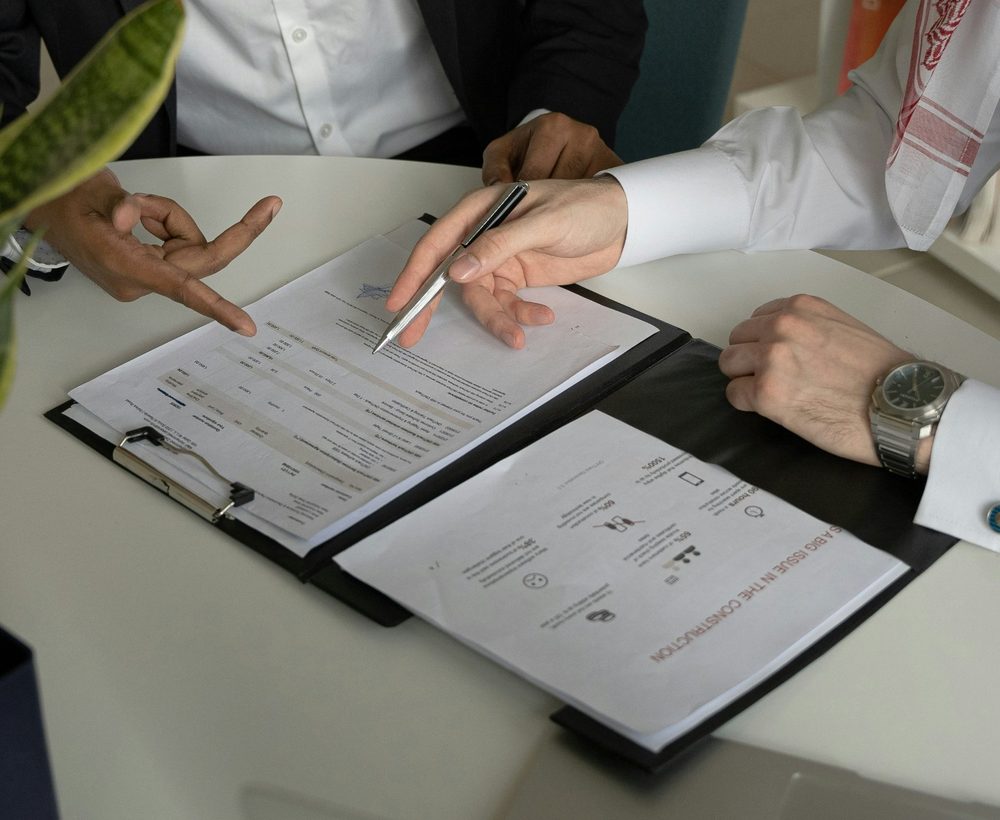 Purchase and sale paperwork on a desk